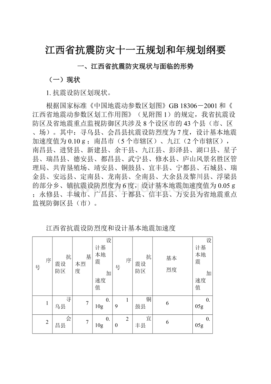 江西省抗震防灾十一五规划和年规划纲要.docx_第1页