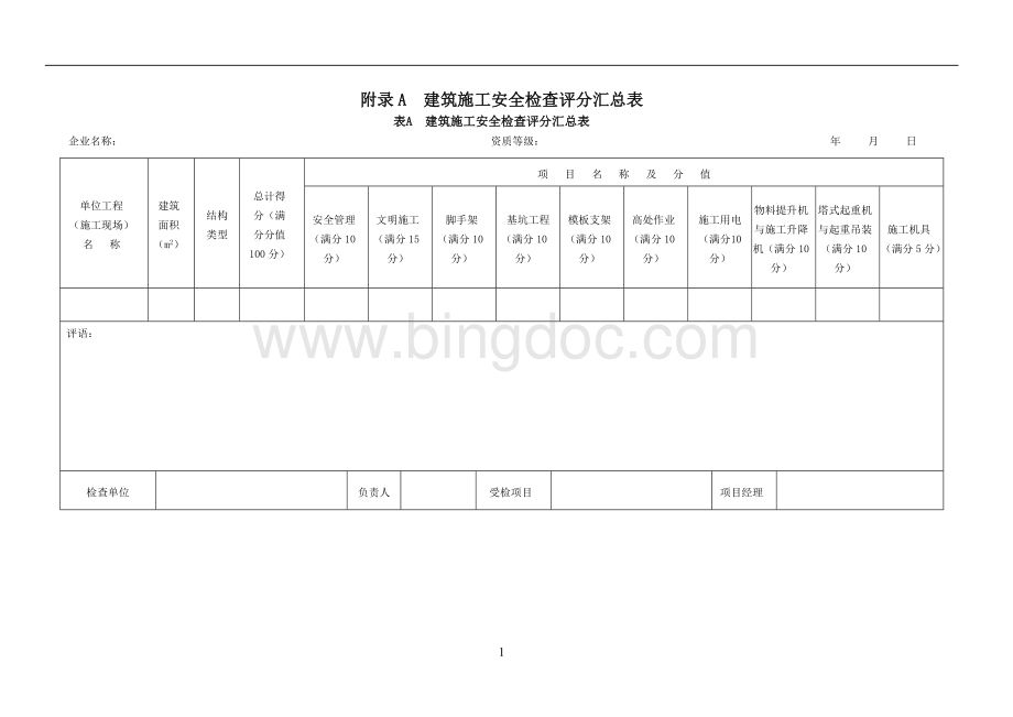 000-1《建筑施工安全检查标准》JGJ 59-2011附录(检查评分表).doc