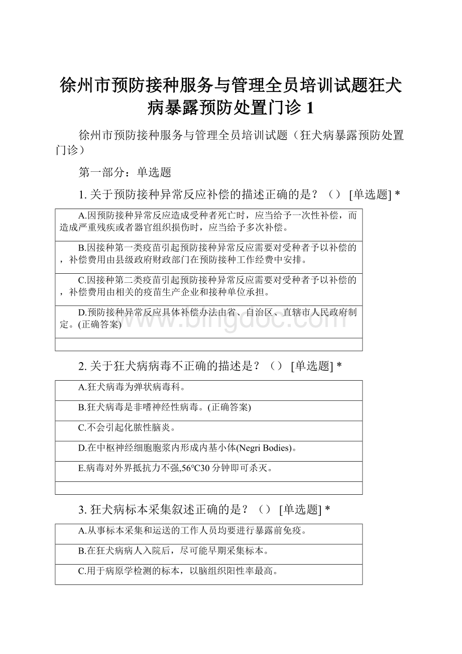 徐州市预防接种服务与管理全员培训试题狂犬病暴露预防处置门诊1.docx_第1页