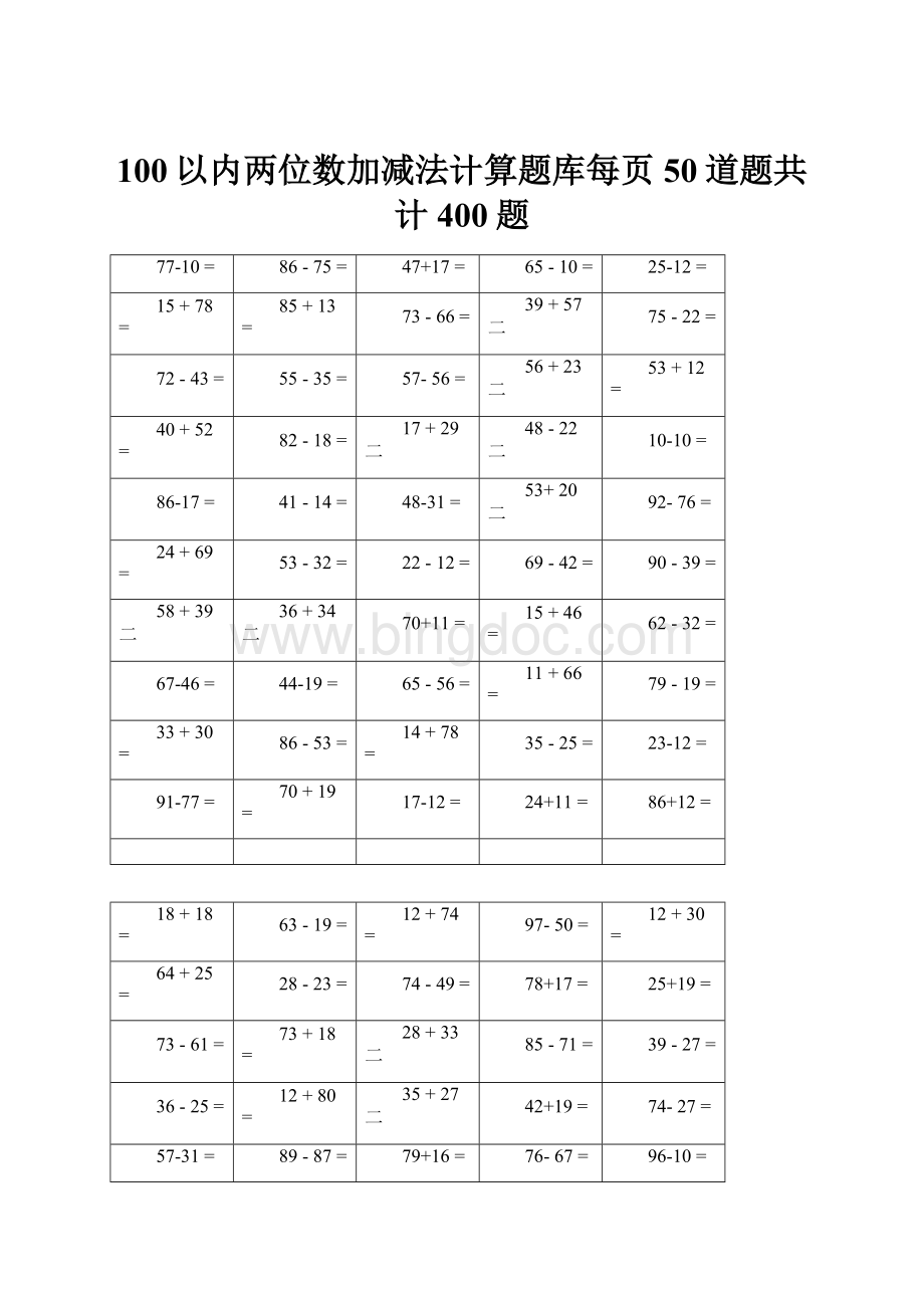 100以内两位数加减法计算题库每页50道题共计400题.docx_第1页