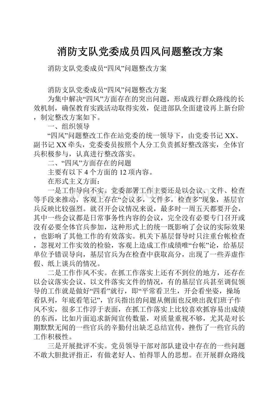 消防支队党委成员四风问题整改方案.docx_第1页