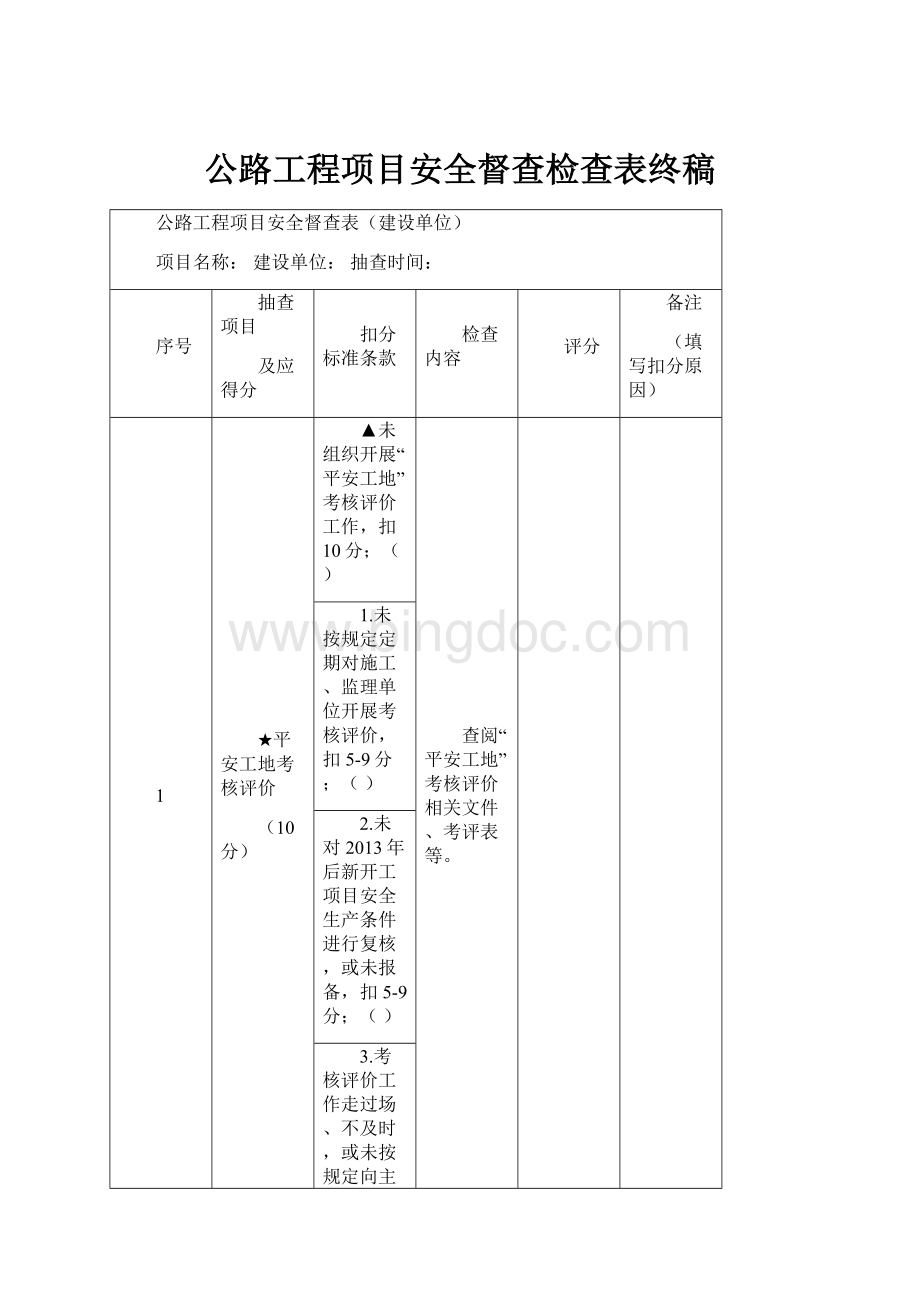 公路工程项目安全督查检查表终稿.docx