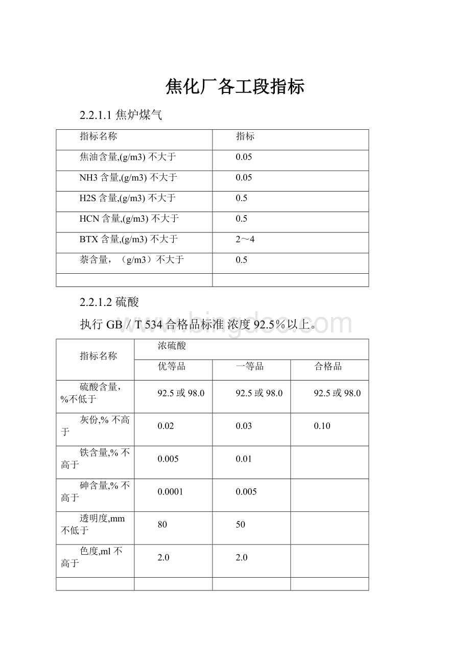 焦化厂各工段指标.docx