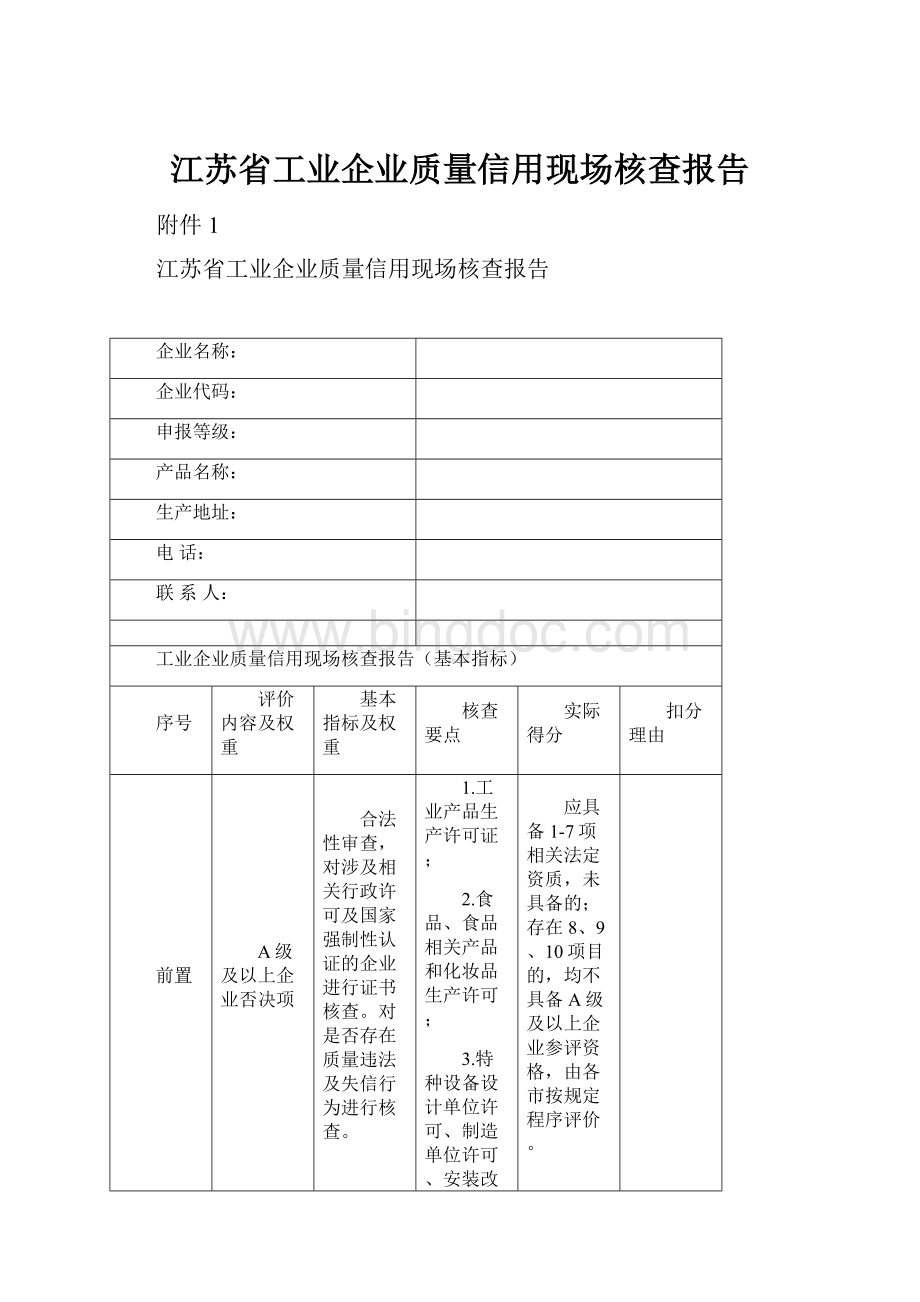 江苏省工业企业质量信用现场核查报告.docx_第1页