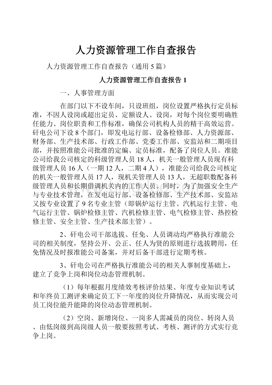 人力资源管理工作自查报告.docx_第1页