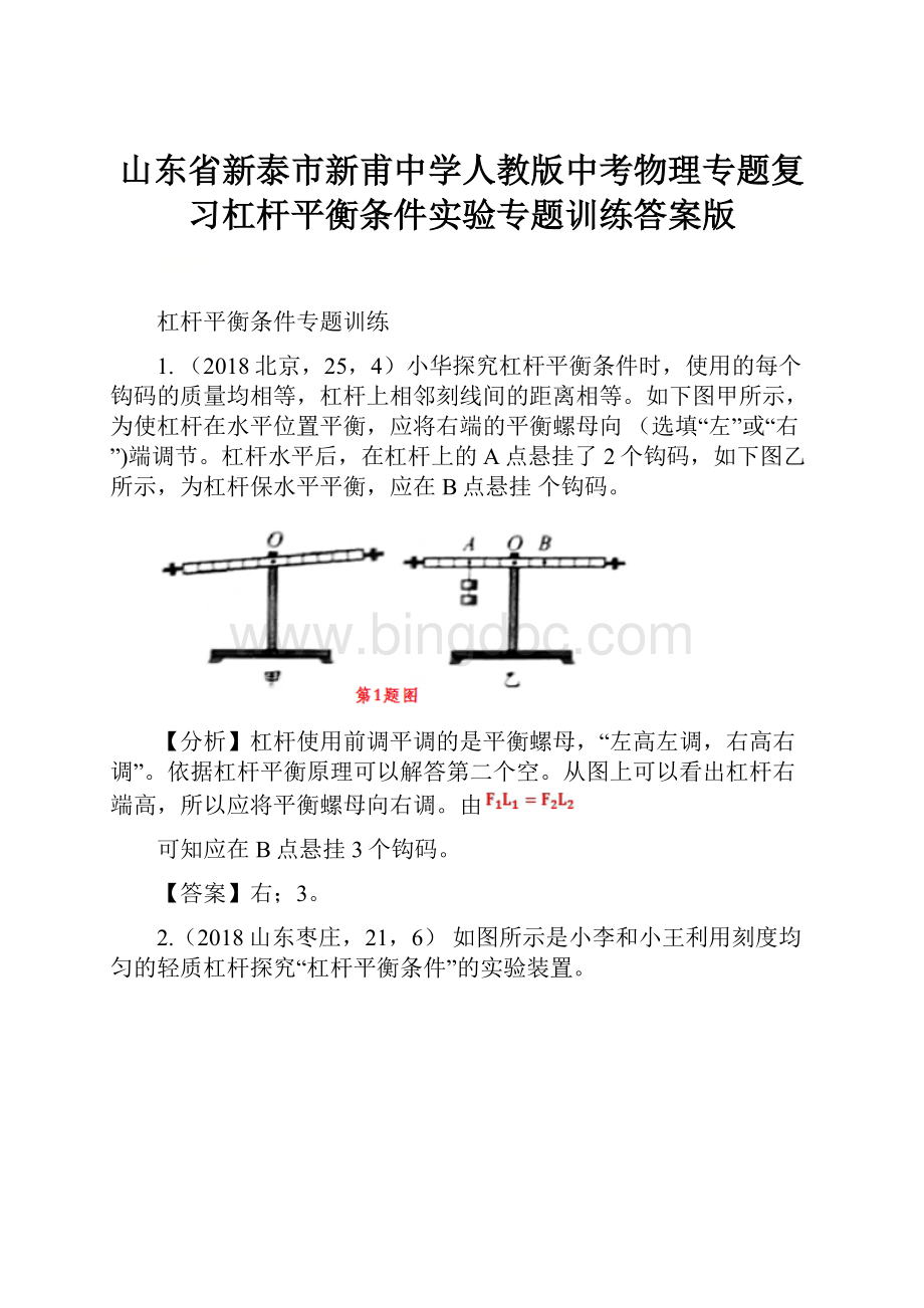 山东省新泰市新甫中学人教版中考物理专题复习杠杆平衡条件实验专题训练答案版Word文件下载.docx_第1页