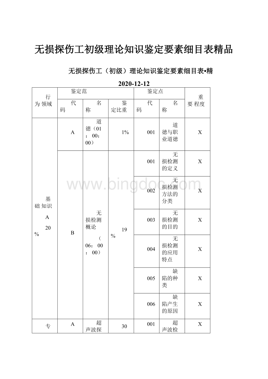 无损探伤工初级理论知识鉴定要素细目表精品.docx_第1页