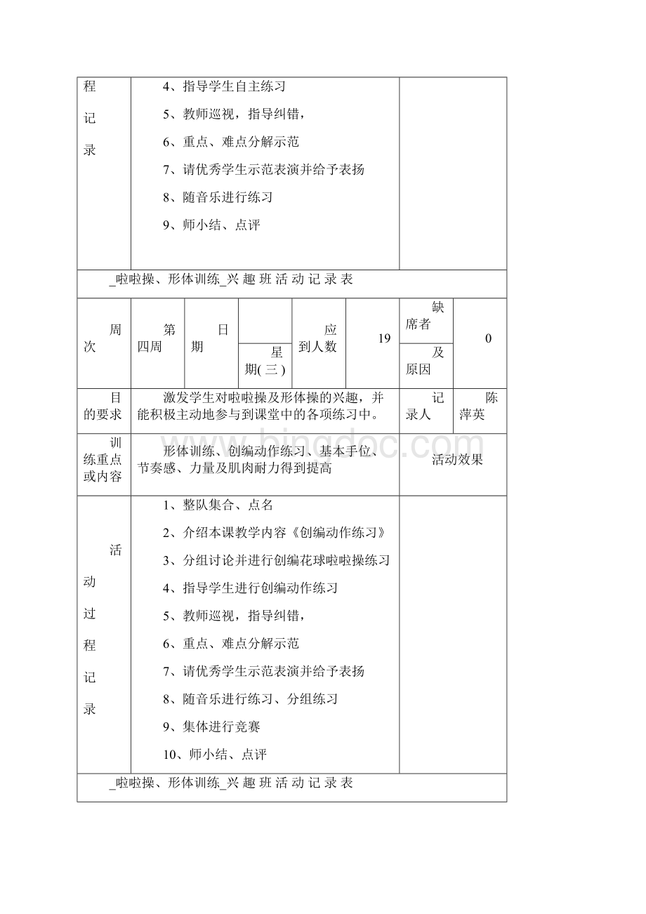 秋啦啦操兴趣班活动记录表Word格式文档下载.docx_第2页