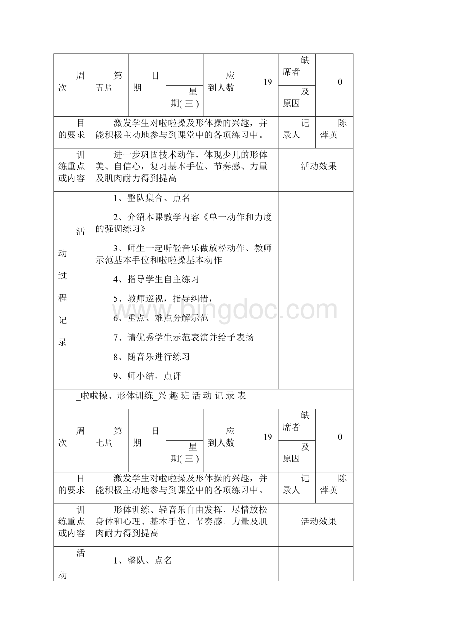 秋啦啦操兴趣班活动记录表Word格式文档下载.docx_第3页