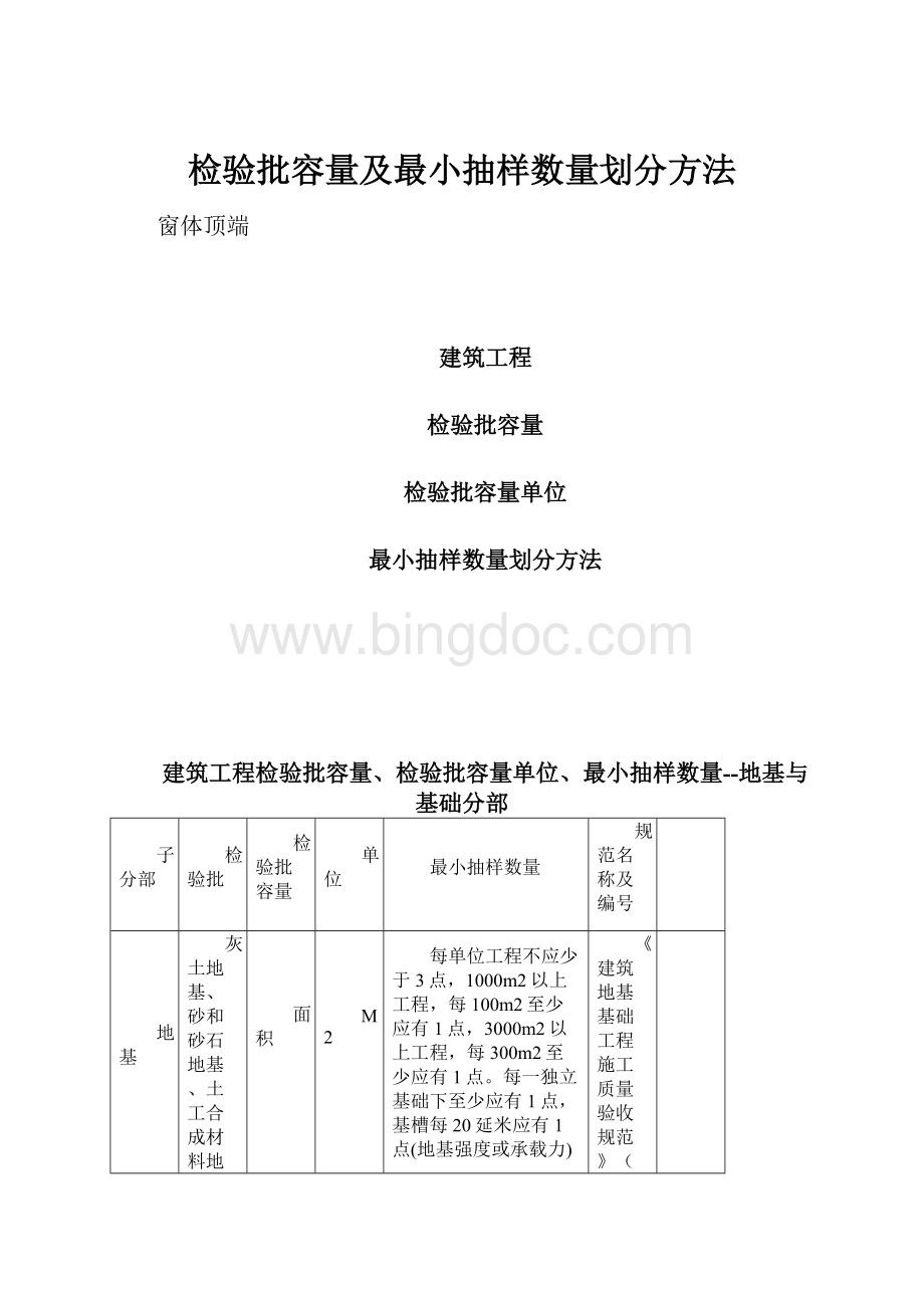 检验批容量及最小抽样数量划分方法Word文档下载推荐.docx