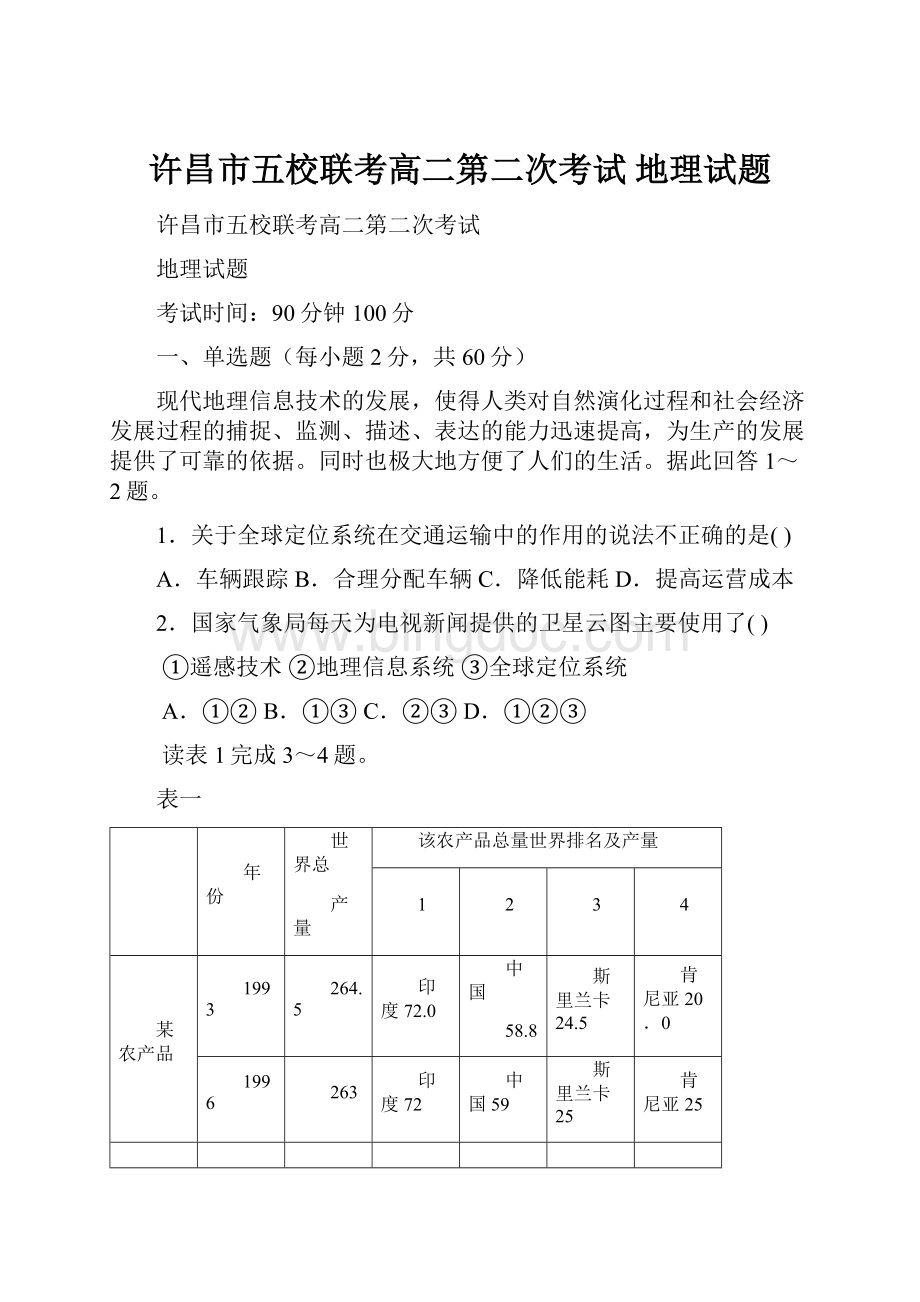 许昌市五校联考高二第二次考试 地理试题.docx_第1页