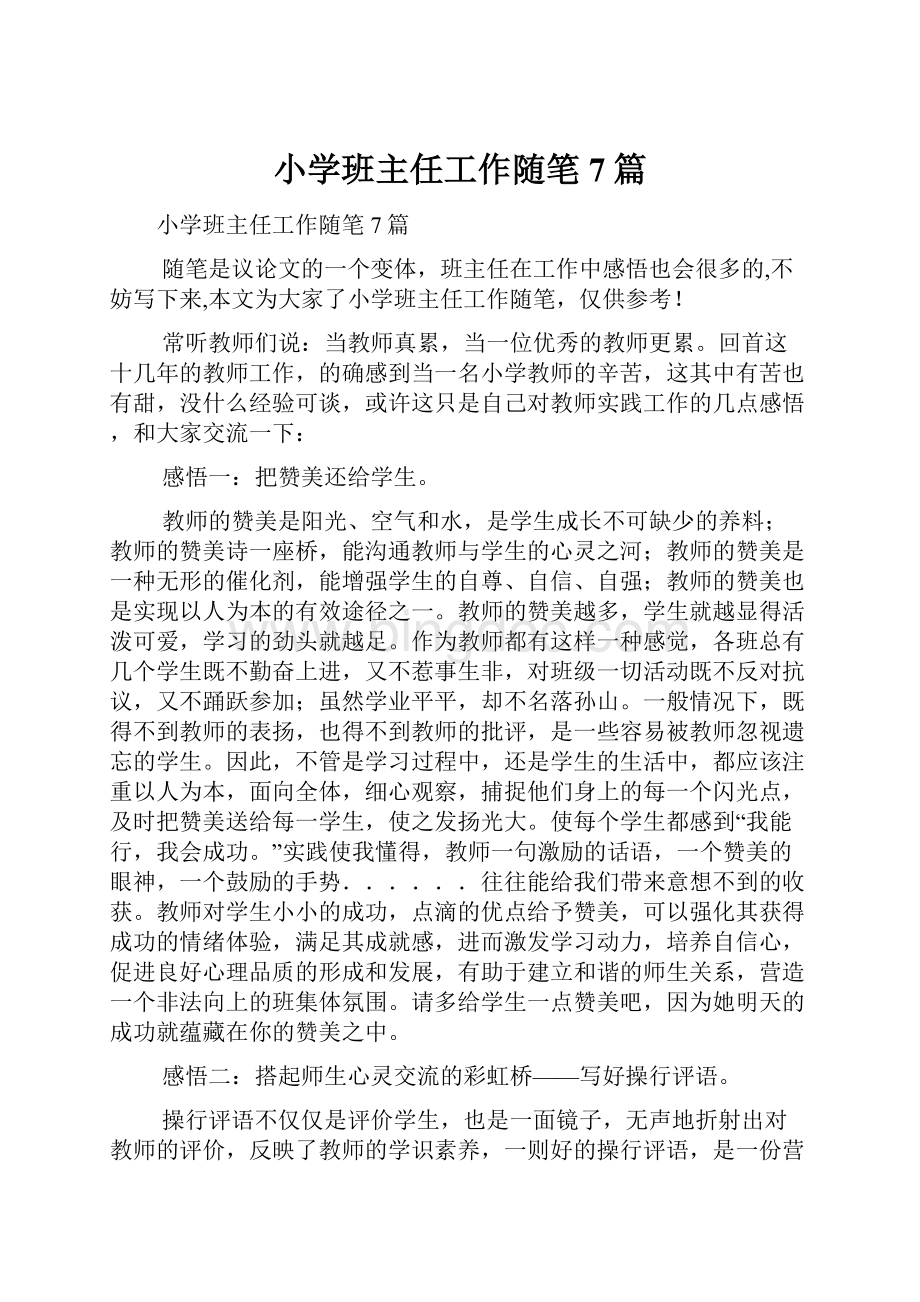 小学班主任工作随笔7篇Word格式文档下载.docx