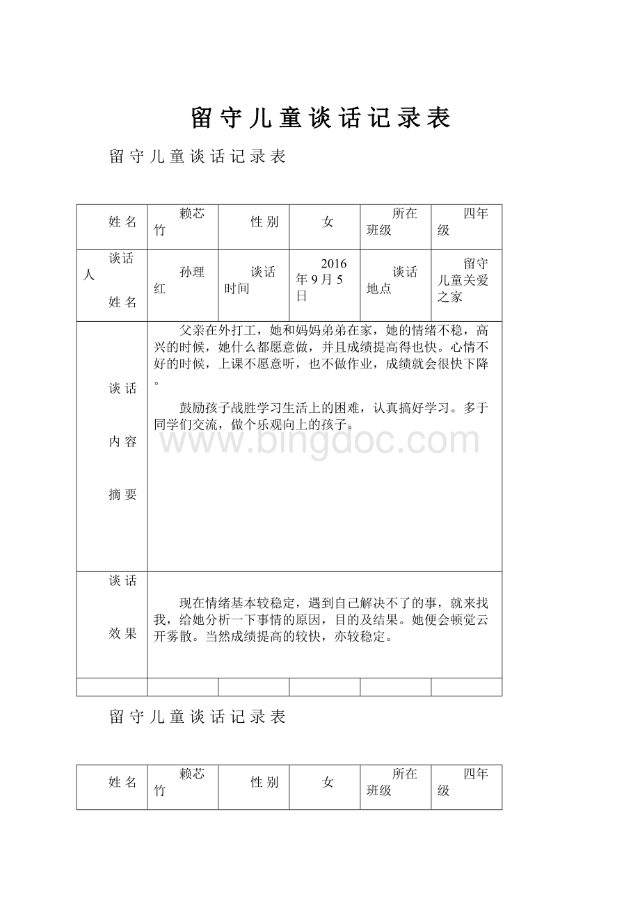 留 守 儿 童 谈 话 记 录 表.docx