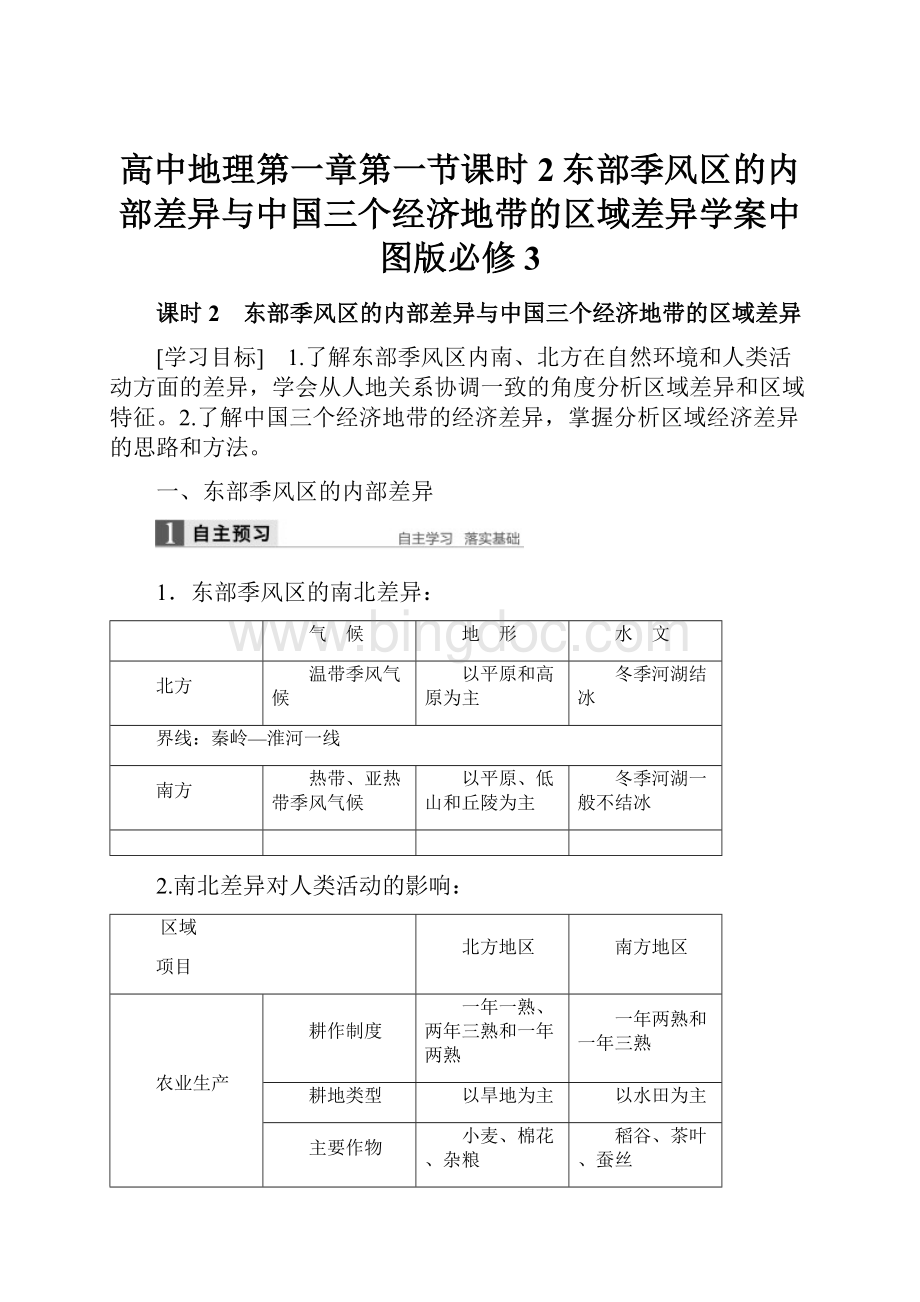高中地理第一章第一节课时2东部季风区的内部差异与中国三个经济地带的区域差异学案中图版必修3Word格式.docx