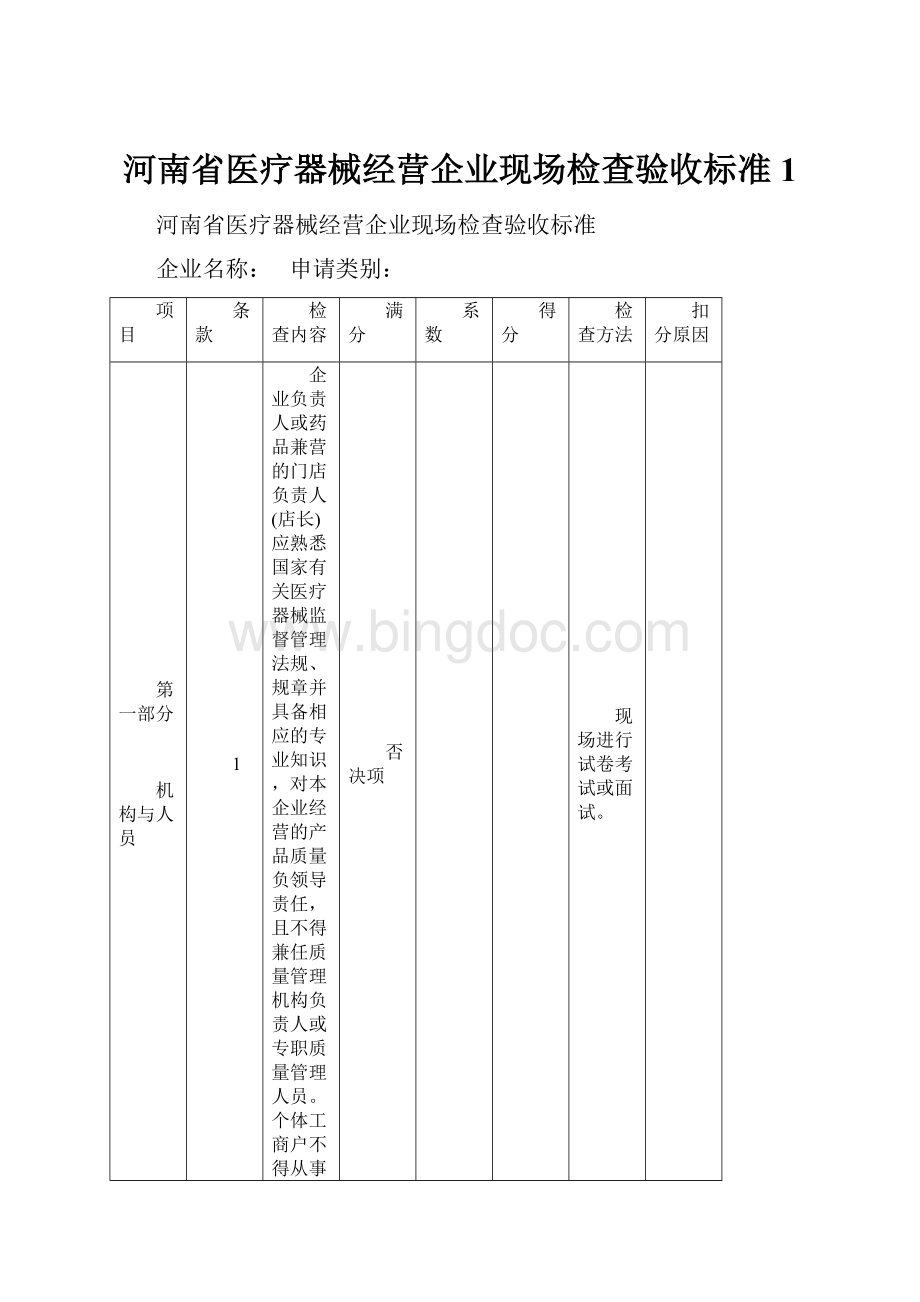 河南省医疗器械经营企业现场检查验收标准1.docx