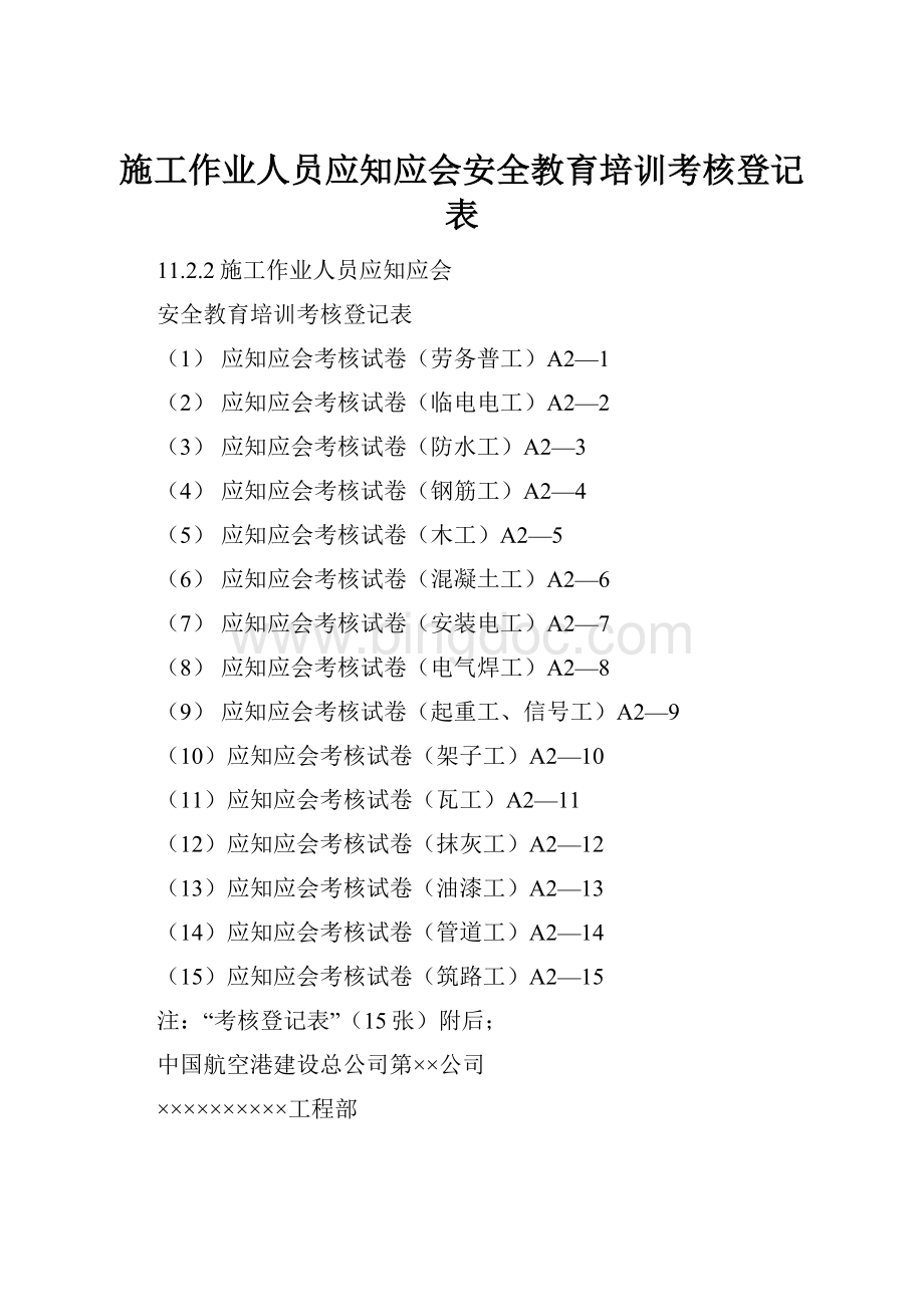 施工作业人员应知应会安全教育培训考核登记表Word文档格式.docx