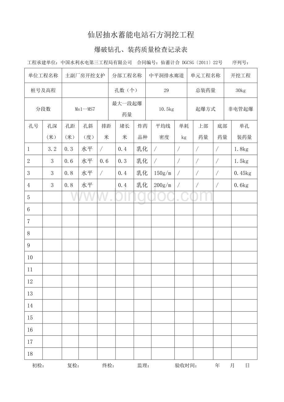 爆破钻孔装药质量检查记录表Word文件下载.doc