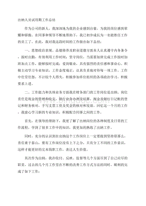 出纳人员试用期工作总结精选Word文档格式.docx