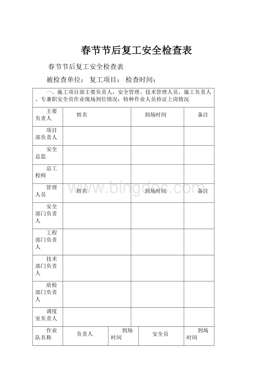 春节节后复工安全检查表.docx_第1页