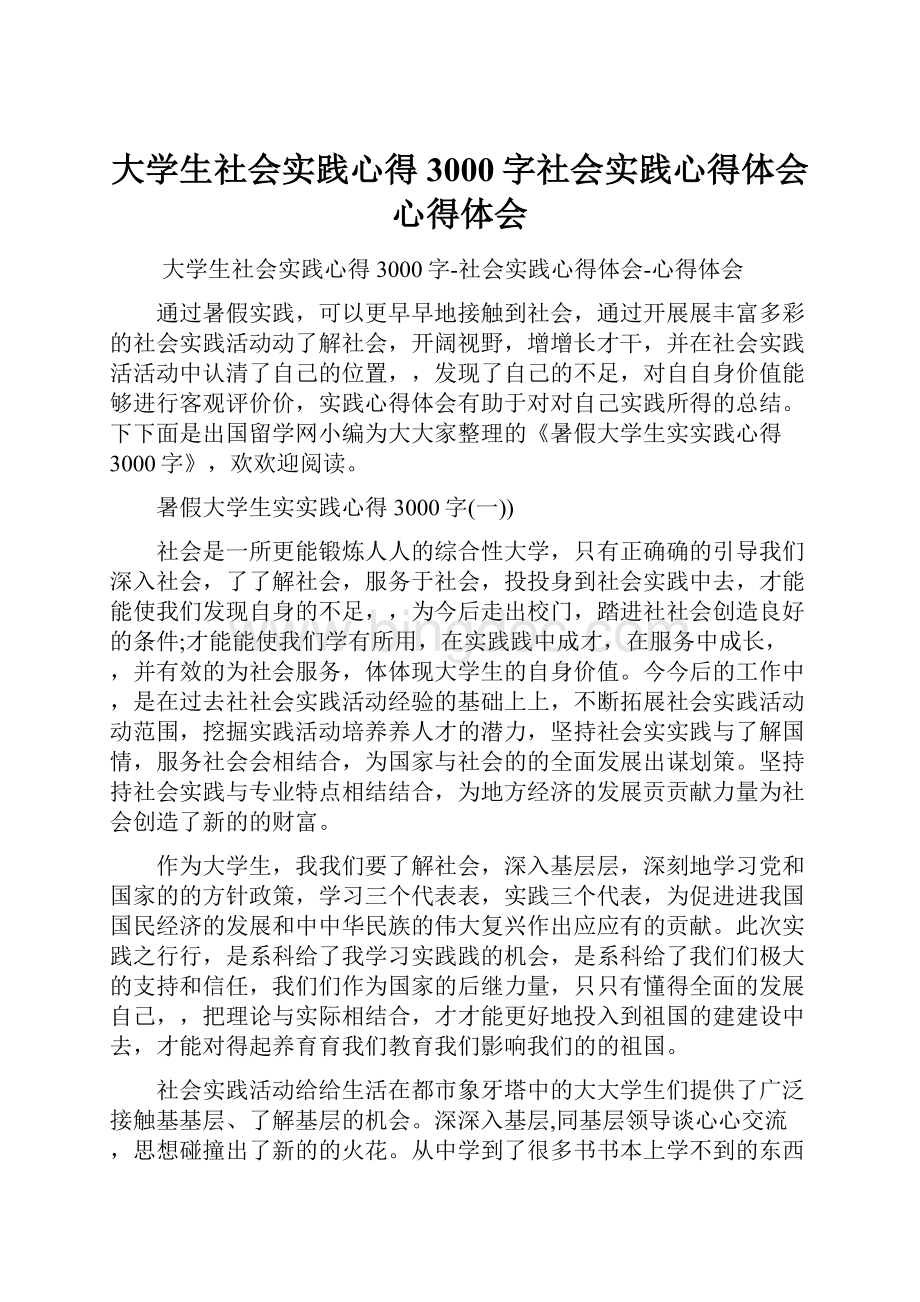 大学生社会实践心得3000字社会实践心得体会心得体会.docx_第1页