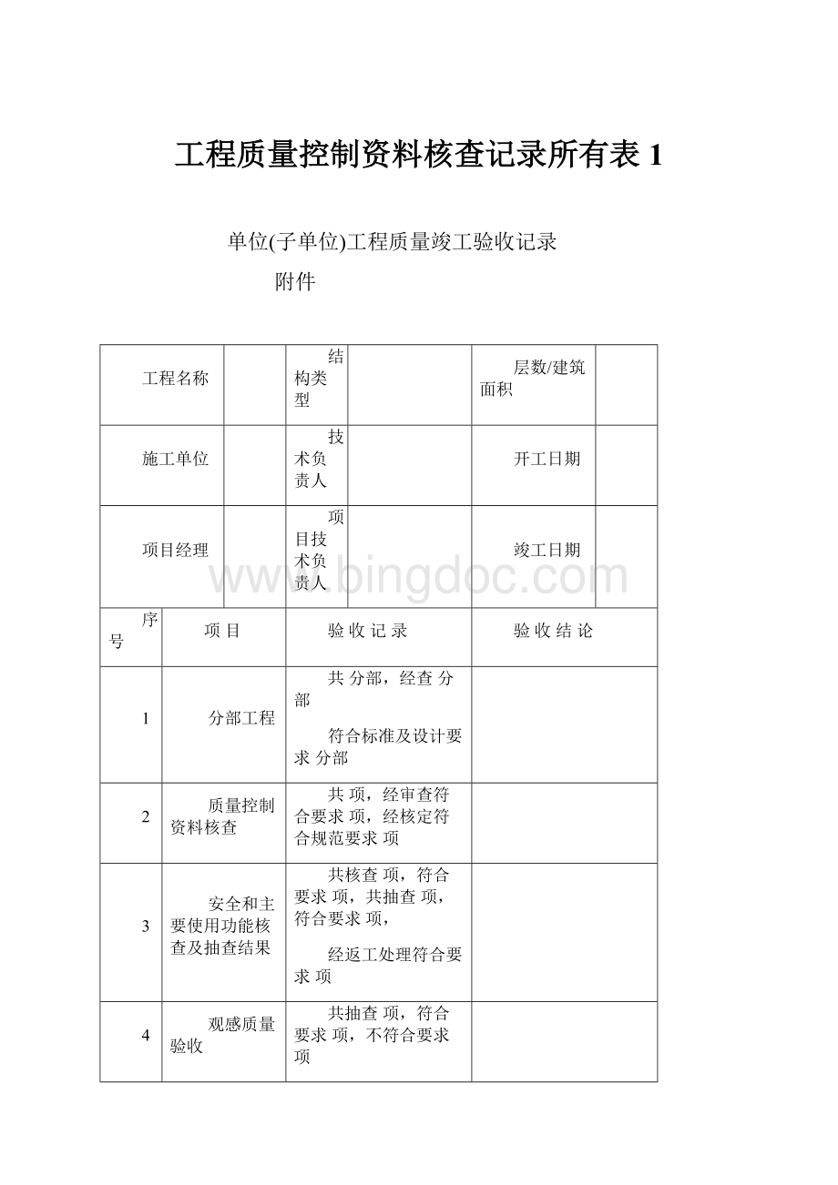 工程质量控制资料核查记录所有表1Word格式文档下载.docx_第1页