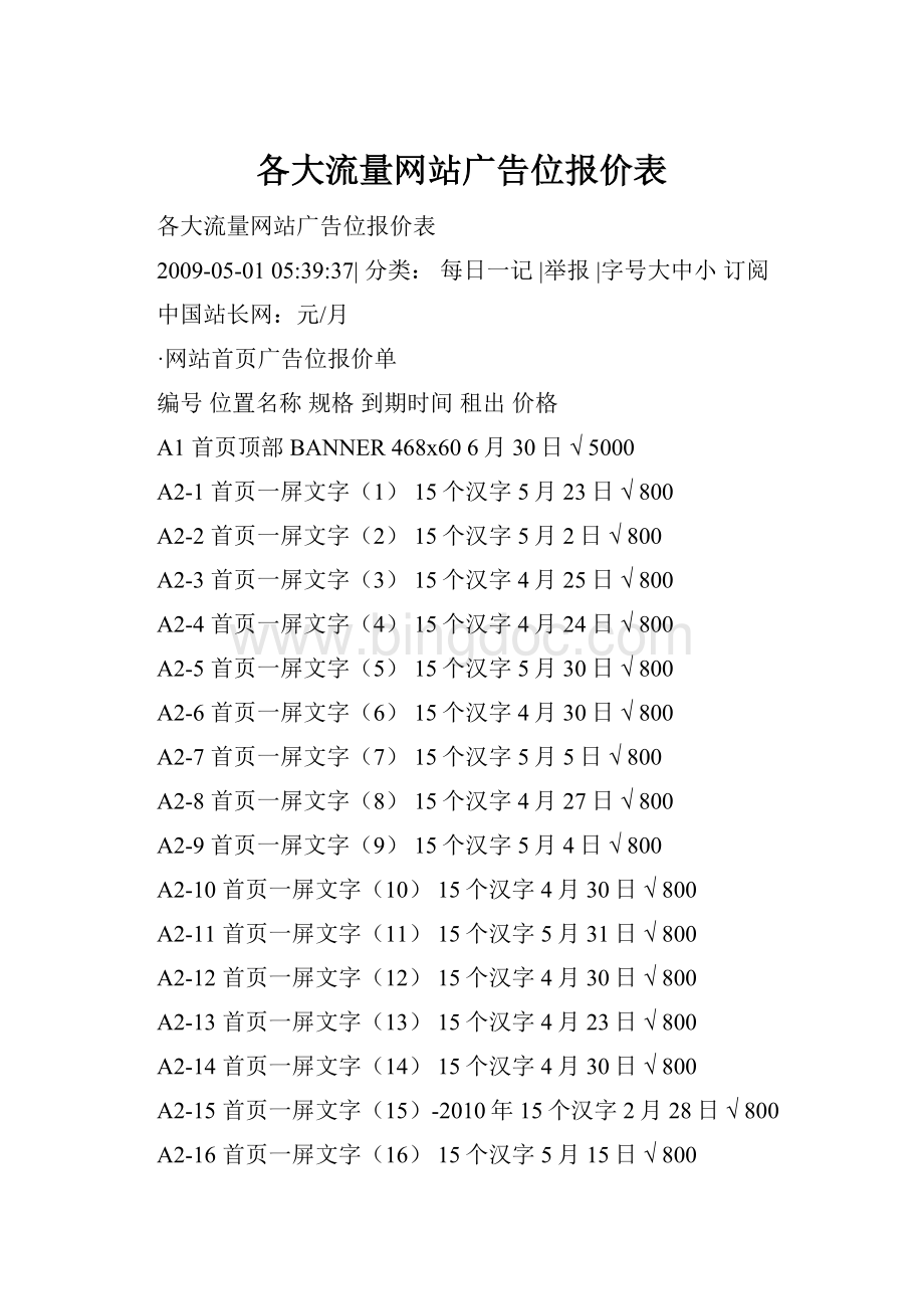 各大流量网站广告位报价表文档格式.docx