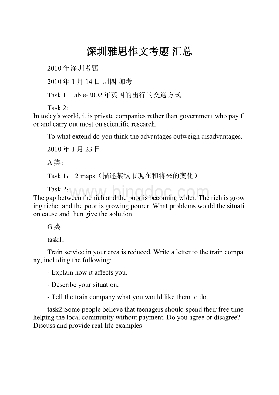 深圳雅思作文考题 汇总Word文件下载.docx