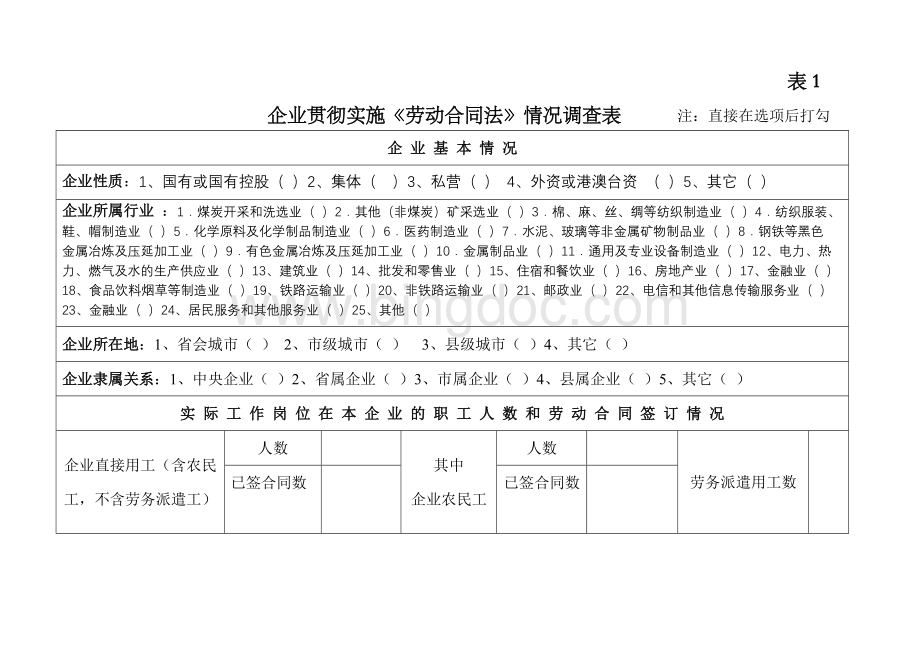 企业贯彻实施劳动合同法情况调查表Word文档格式.doc