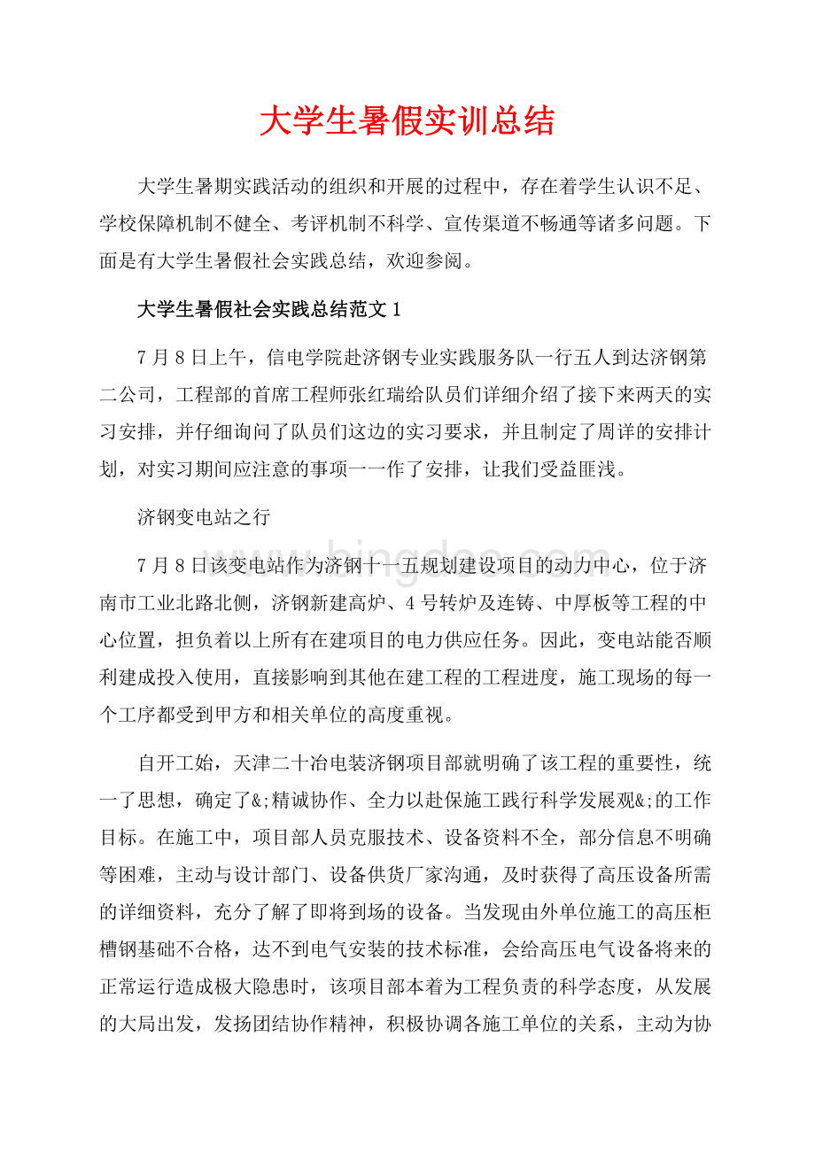 大学生暑假实训总结（共9页）5800字.docx