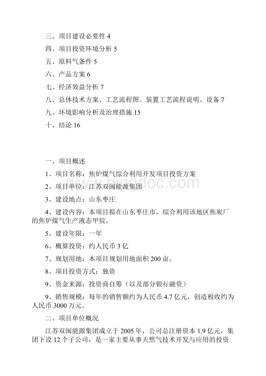 枣庄焦炉煤气综合利用开发项目投资方案 2.docx_第2页