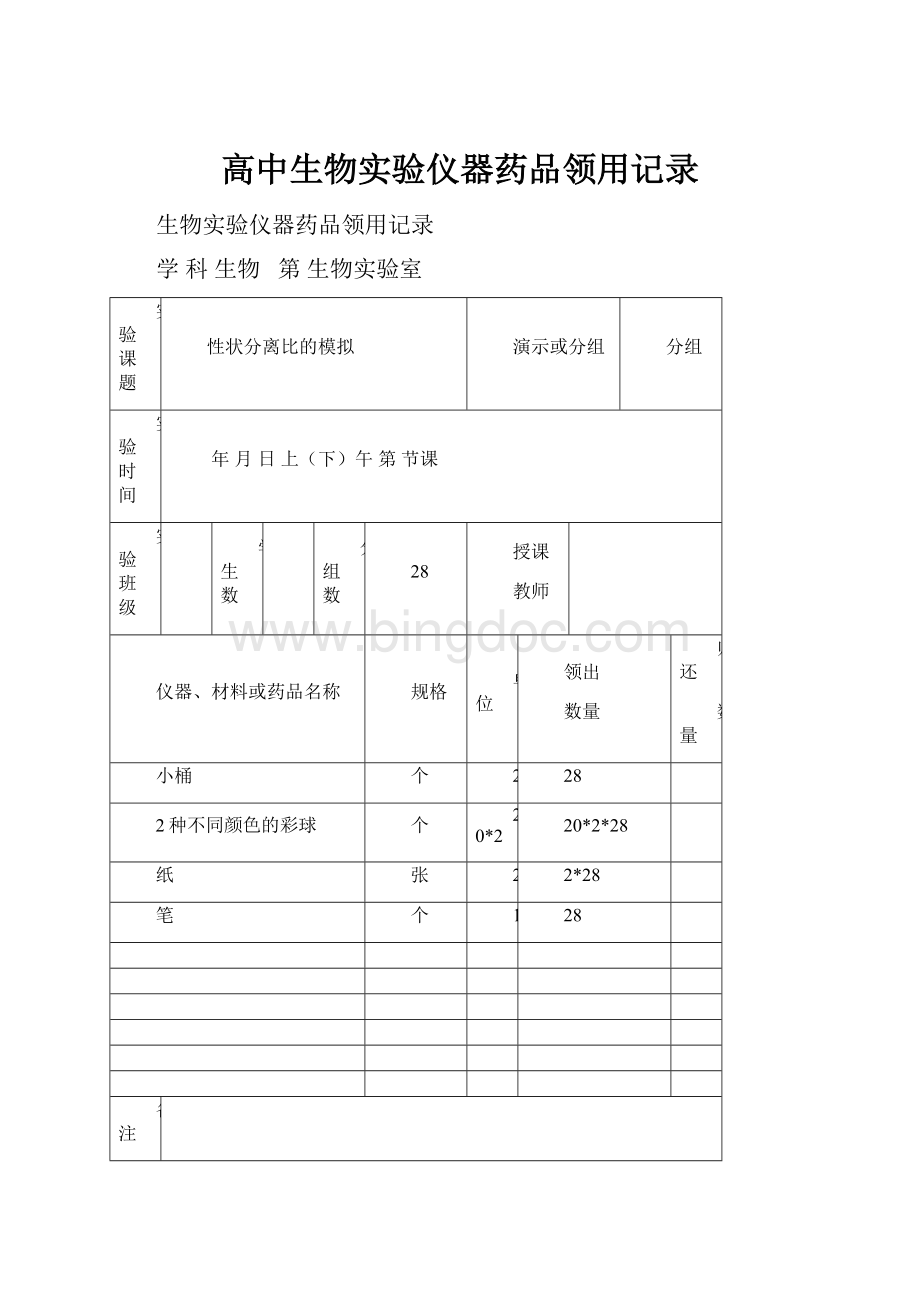 高中生物实验仪器药品领用记录.docx_第1页