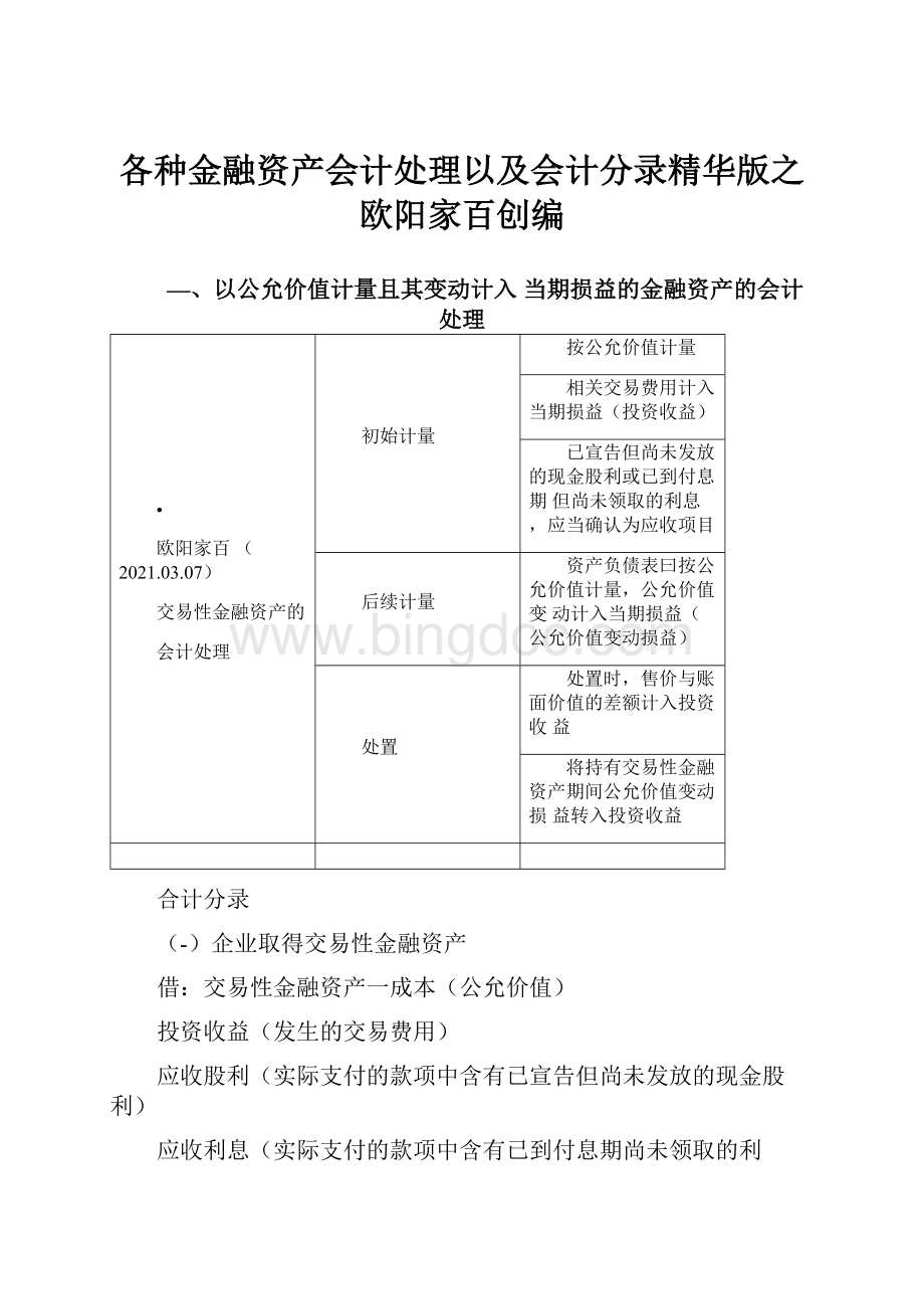 各种金融资产会计处理以及会计分录精华版之欧阳家百创编.docx