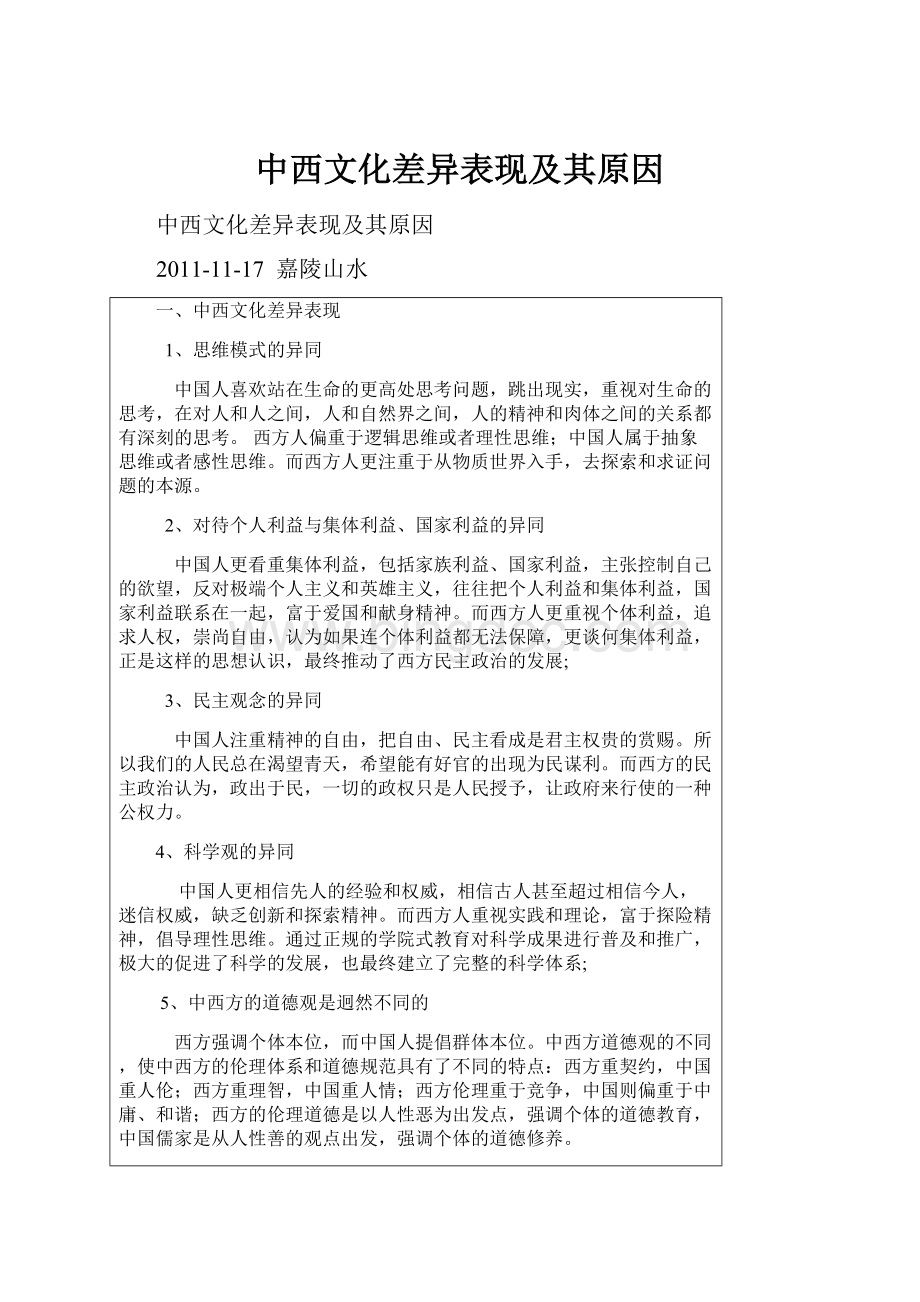 中西文化差异表现及其原因.docx_第1页