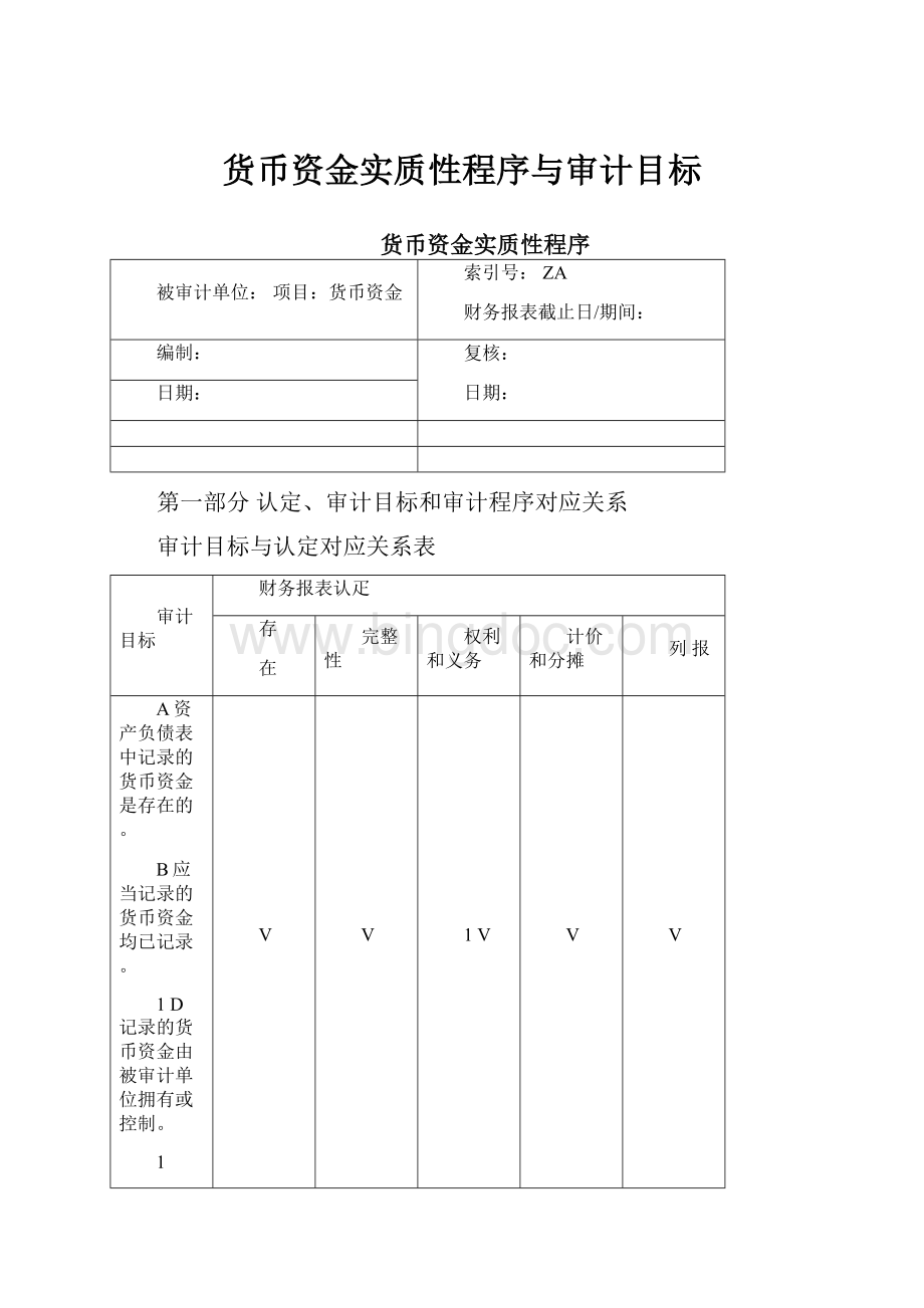 货币资金实质性程序与审计目标.docx