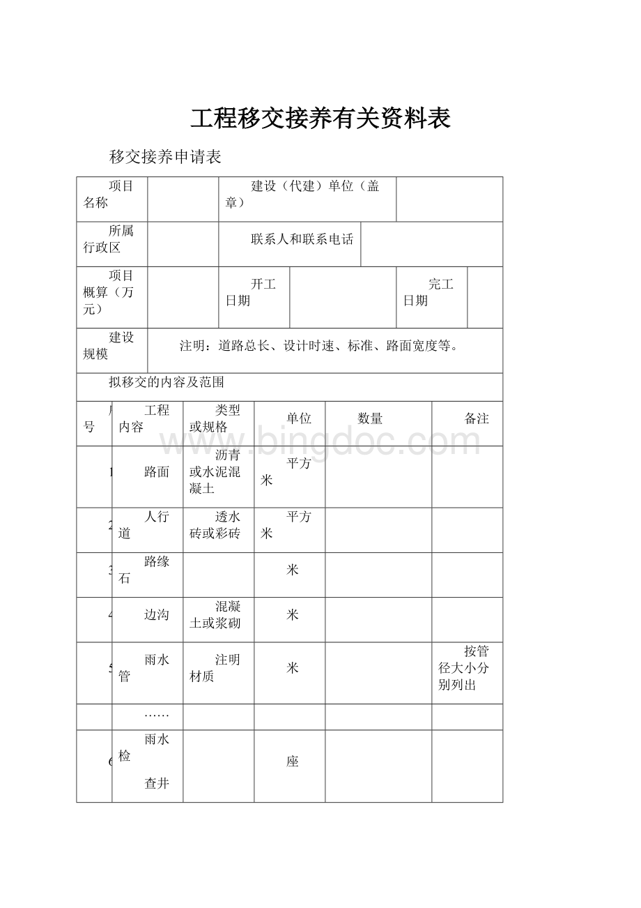 工程移交接养有关资料表.docx_第1页