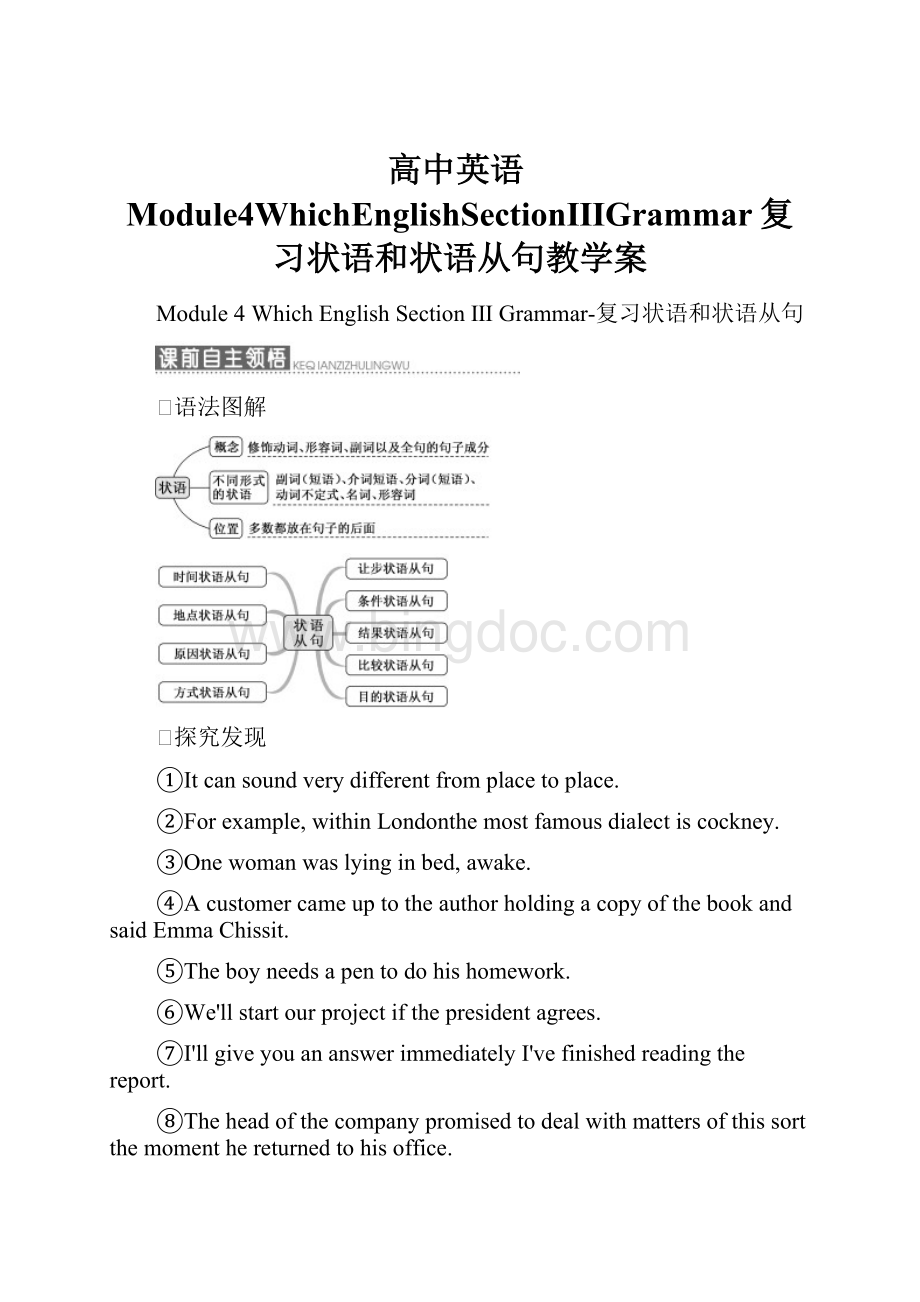 高中英语Module4WhichEnglishSectionⅢGrammar复习状语和状语从句教学案.docx