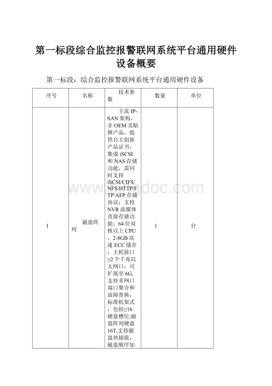 第一标段综合监控报警联网系统平台通用硬件设备概要.docx