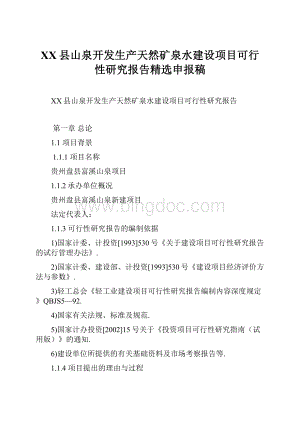 XX县山泉开发生产天然矿泉水建设项目可行性研究报告精选申报稿.docx