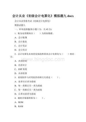 会计从业《初级会计电算化》模拟题九docx.docx