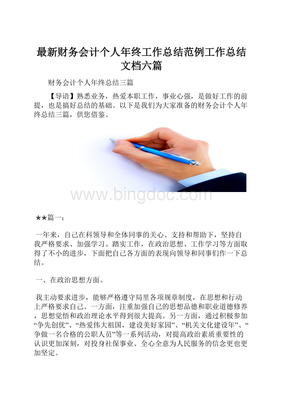 最新财务会计个人年终工作总结范例工作总结文档六篇.docx_第1页