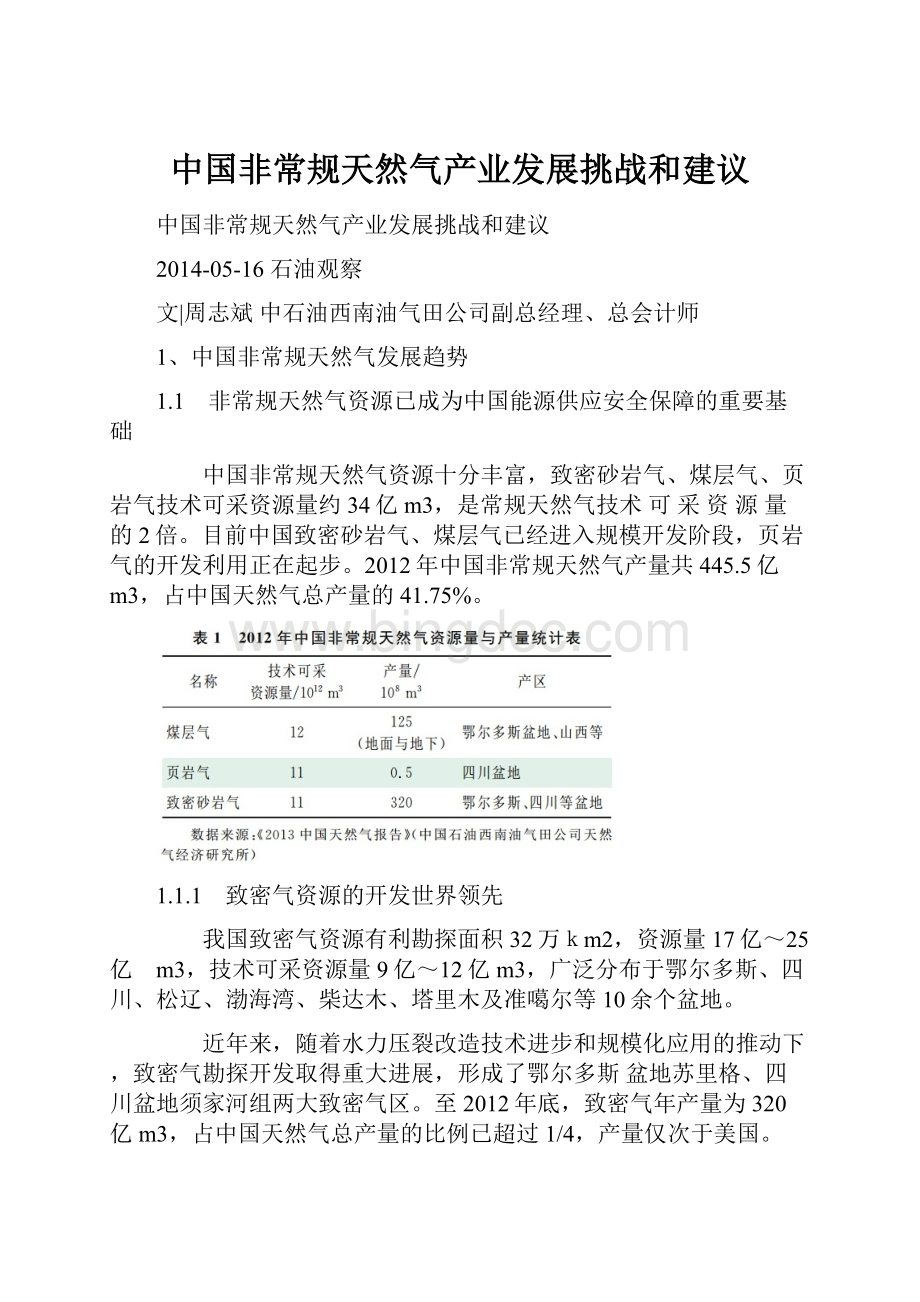中国非常规天然气产业发展挑战和建议.docx_第1页