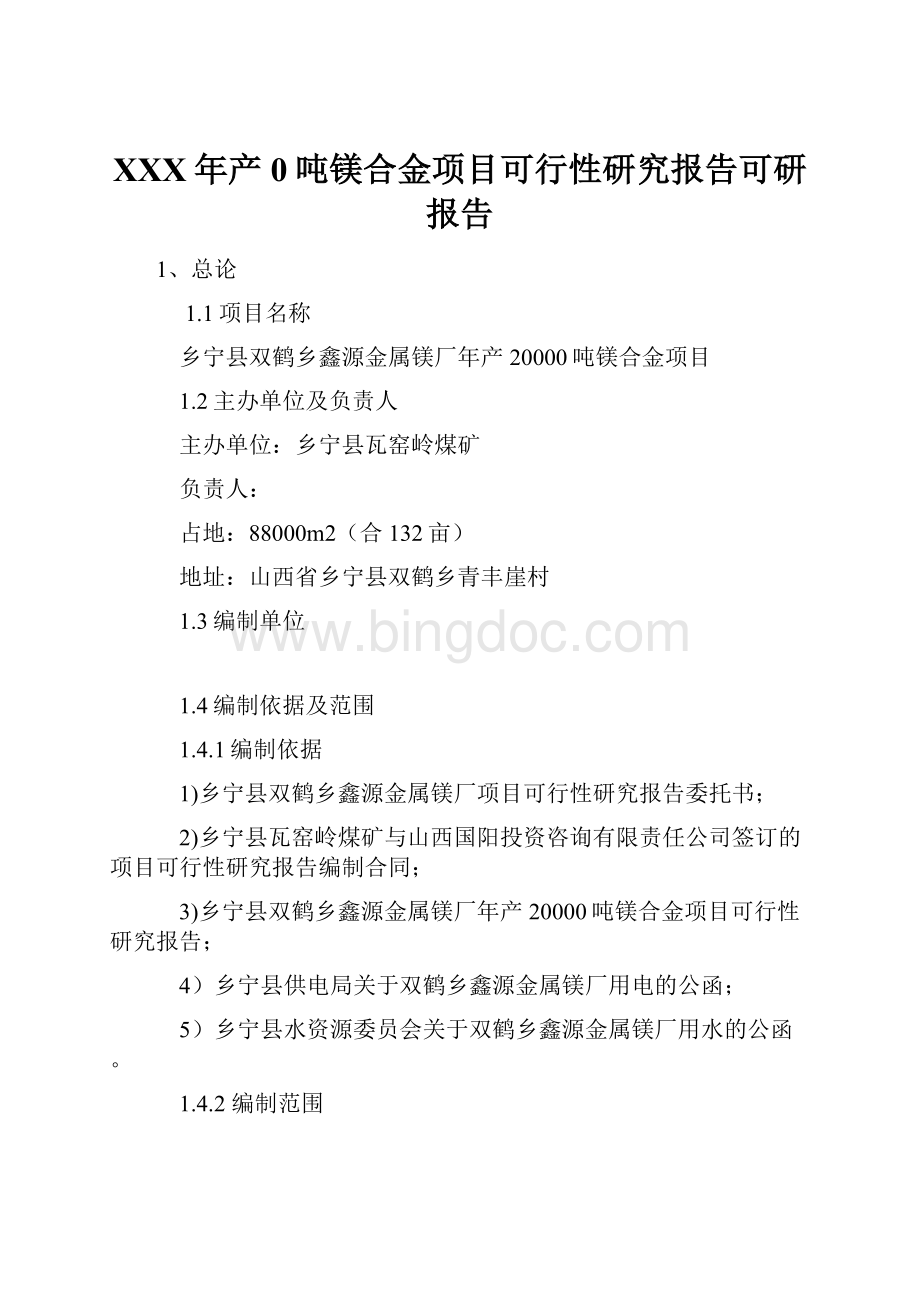 XXX年产0吨镁合金项目可行性研究报告可研报告.docx_第1页