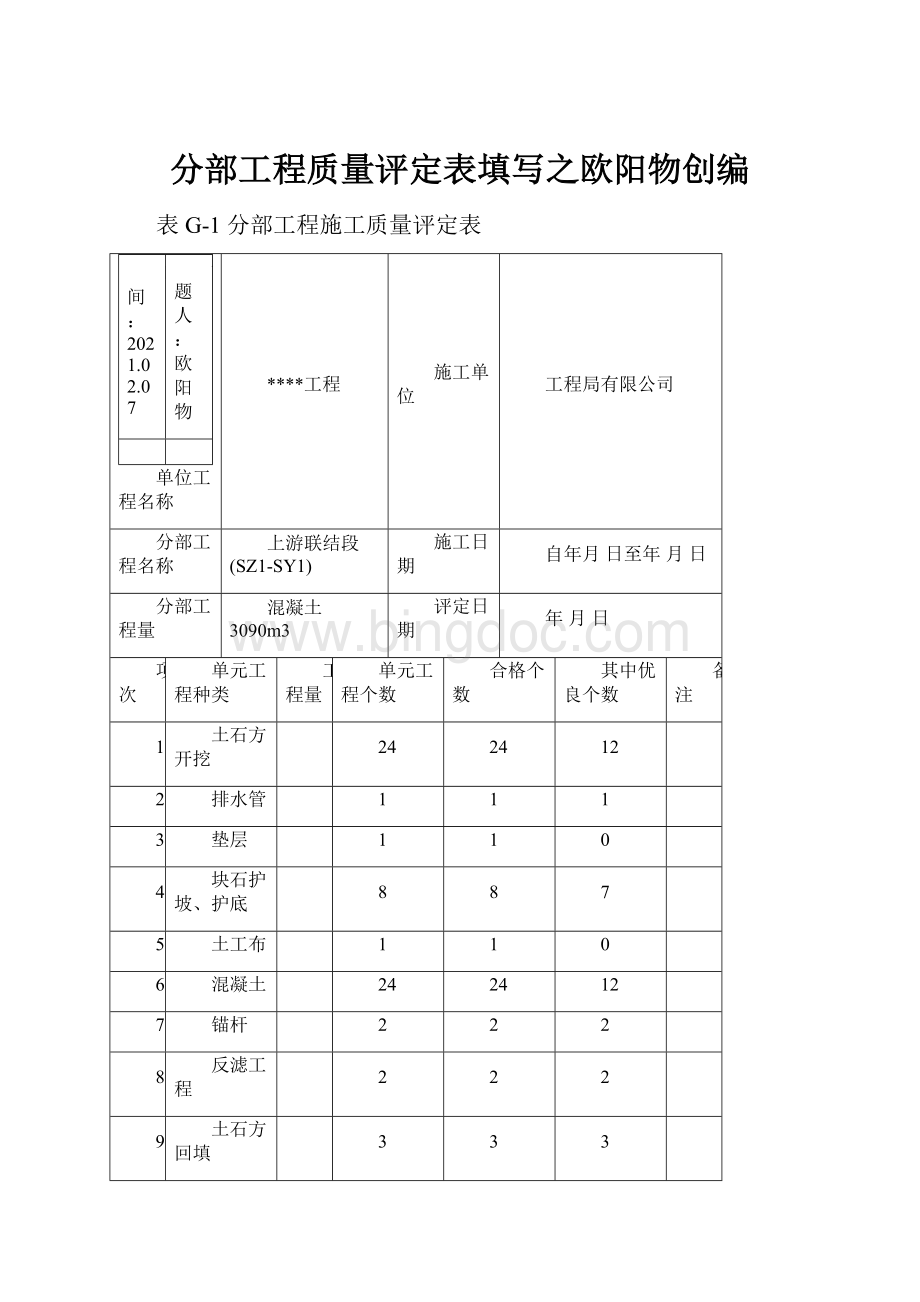 分部工程质量评定表填写之欧阳物创编.docx_第1页