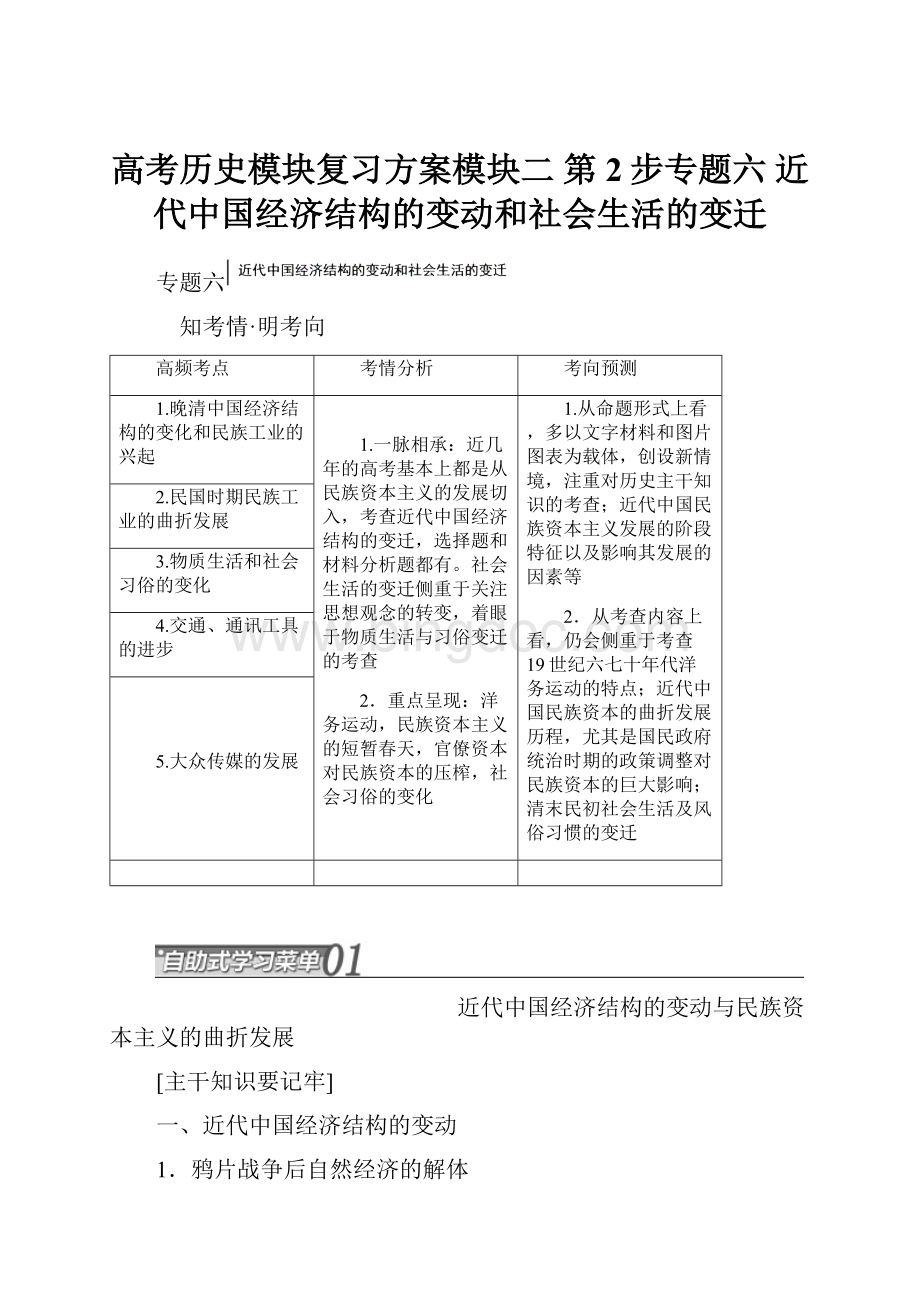 高考历史模块复习方案模块二 第2步专题六 近代中国经济结构的变动和社会生活的变迁.docx_第1页