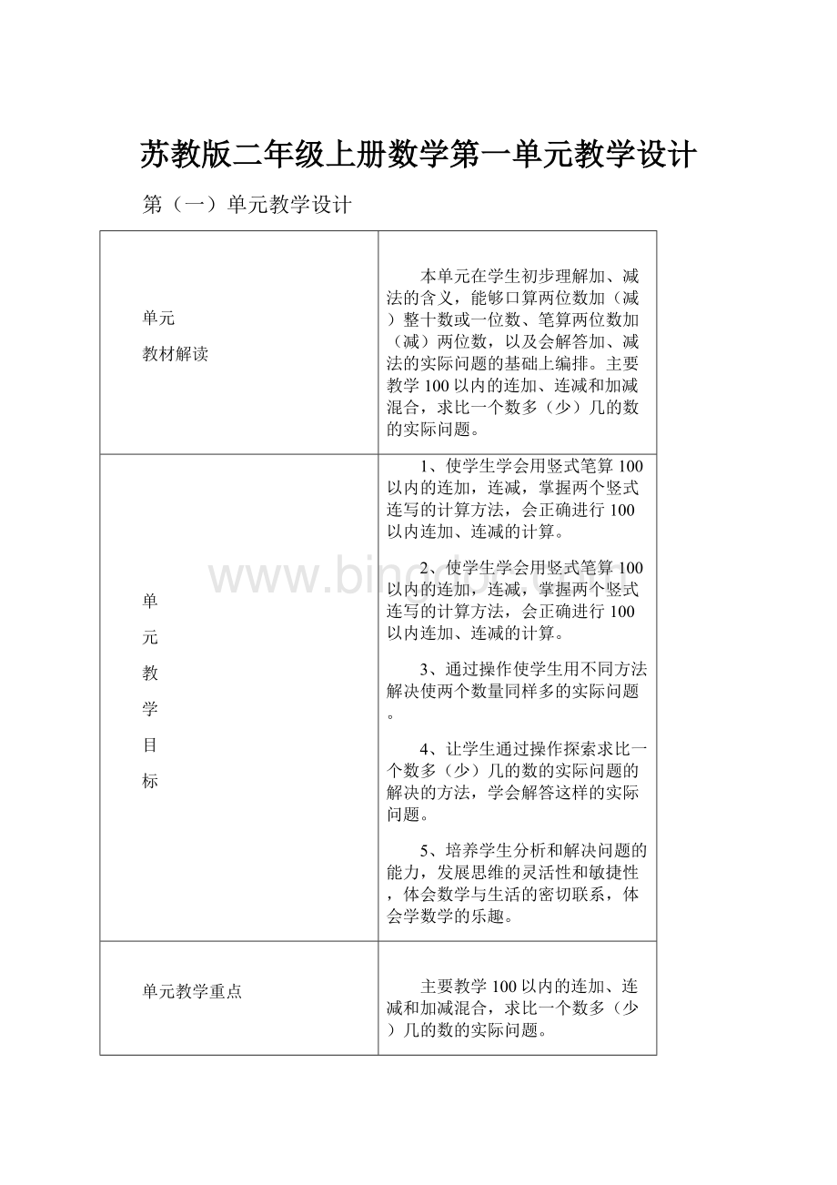 苏教版二年级上册数学第一单元教学设计.docx_第1页