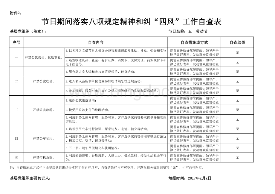 XXXX处节假日期间落实八项规定精神和纠“四风”工作自查表表格文件下载.xls