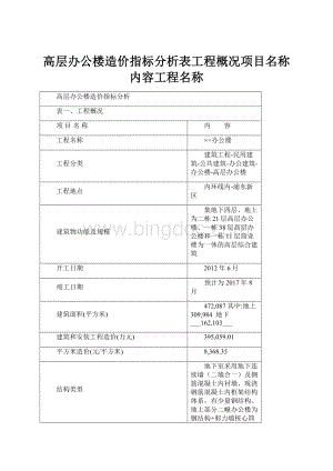 高层办公楼造价指标分析表工程概况项目名称内容工程名称Word文档下载推荐.docx