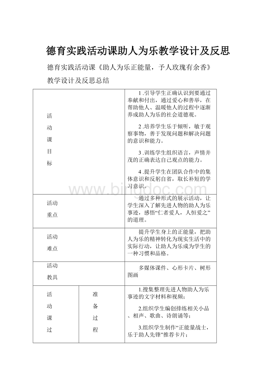 德育实践活动课助人为乐教学设计及反思Word文档下载推荐.docx_第1页