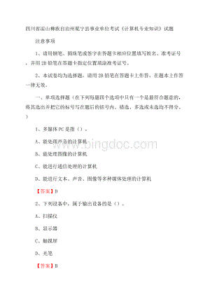 四川省凉山彝族自治州冕宁县事业单位考试《计算机专业知识》试题Word格式.docx