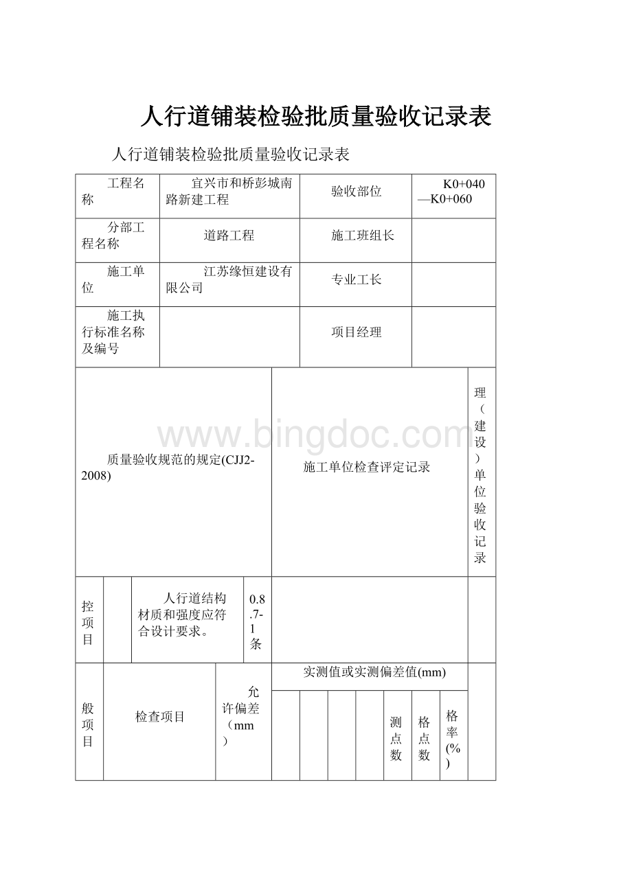 人行道铺装检验批质量验收记录表.docx_第1页